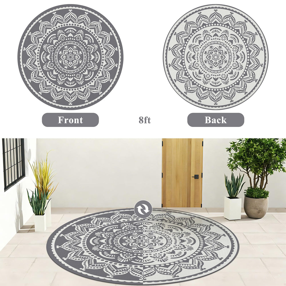 Bsmathom 8ft Round Waterproof Outdoor Rug packed in carry bag