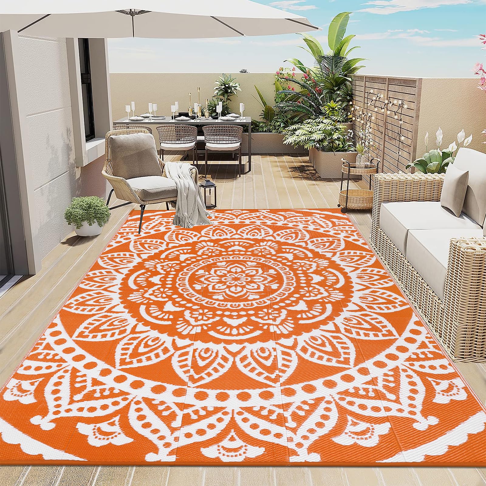Bsmathom Outdoor Rug 6'x9' in Flower Orange, front view