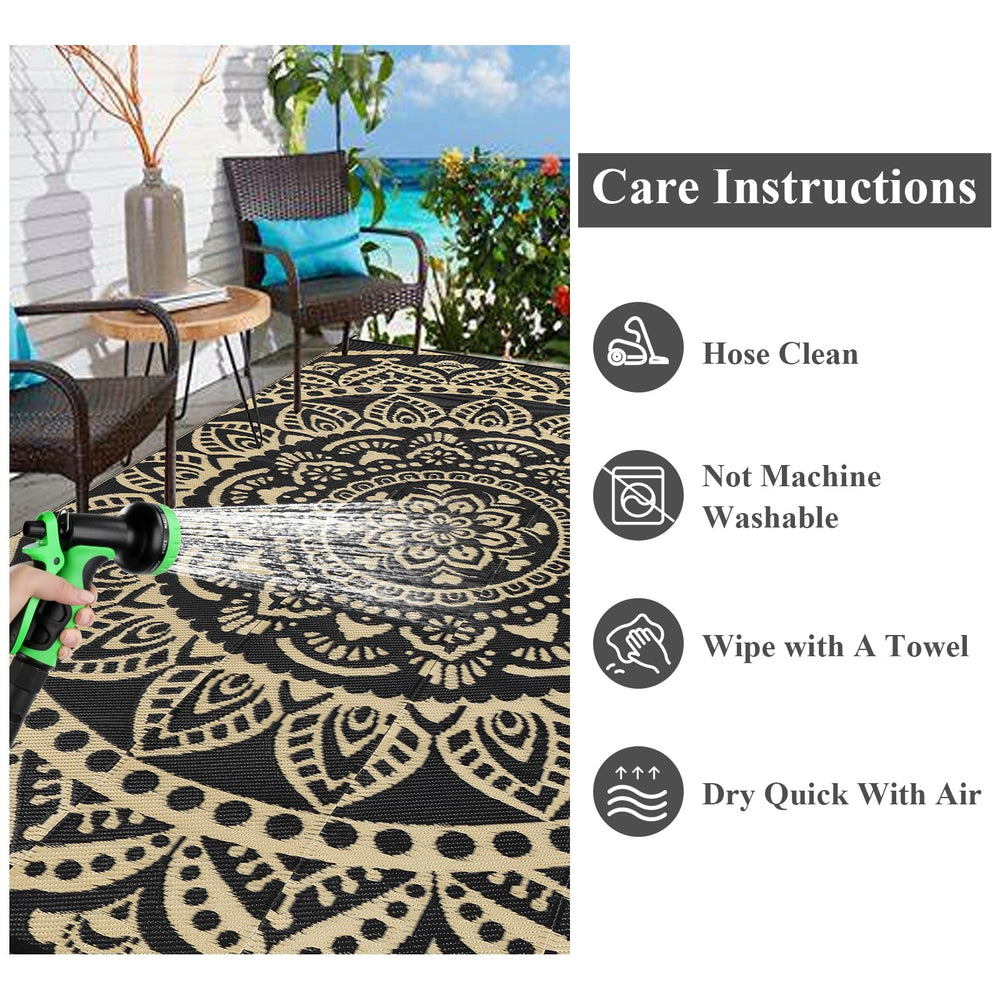 Bsmathom outdoor rug being cleaned with a hose