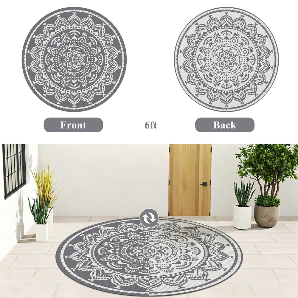 Bsmathom outdoor rug showing reversible design patterns
