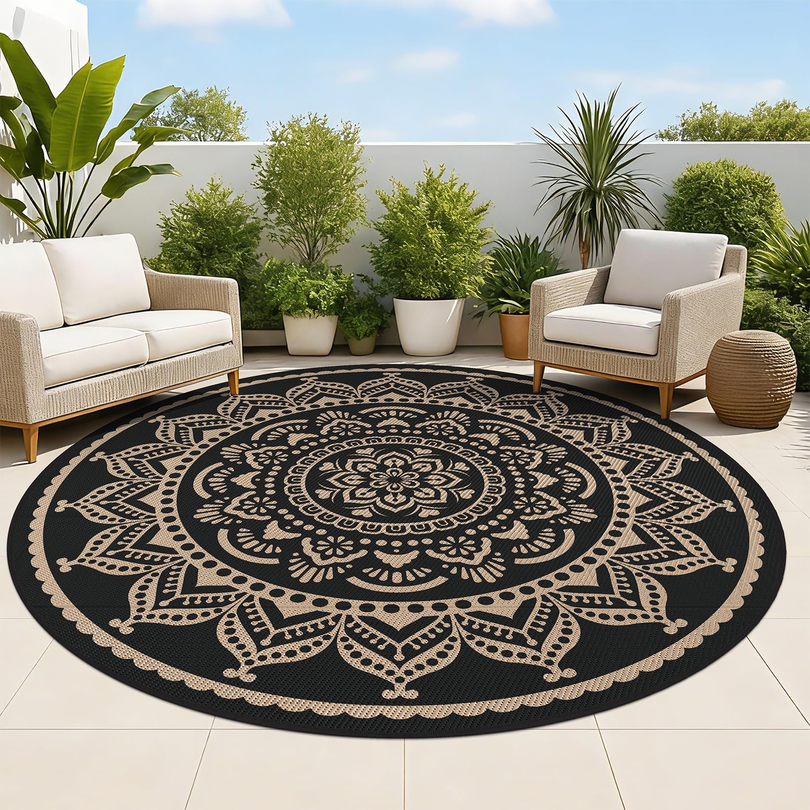 Bsmathom Waterproof Outdoor Rug 6ft Round in Flower Black Gold front view