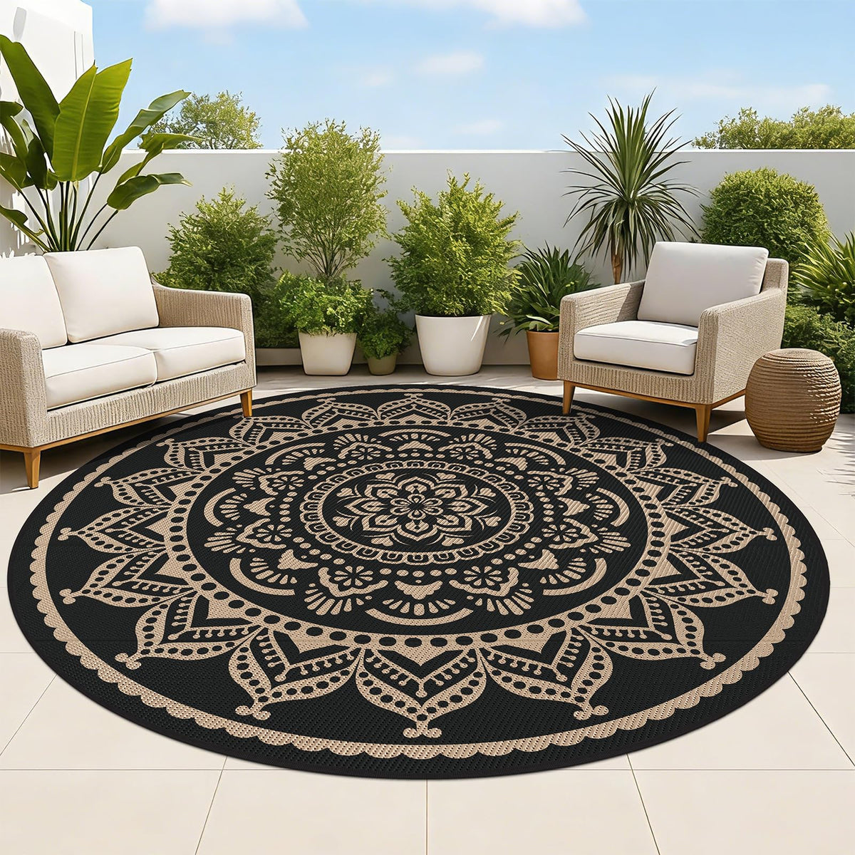 Bsmathom Waterproof Outdoor Rug 6ft Round in Flower Black Gold front view