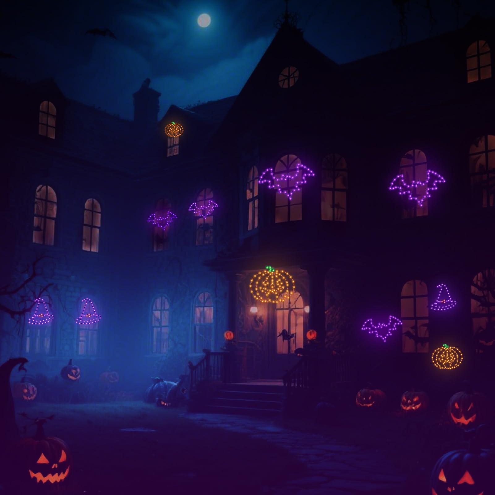 Bstge Halloween Bat Window Lights glowing in a garden setting