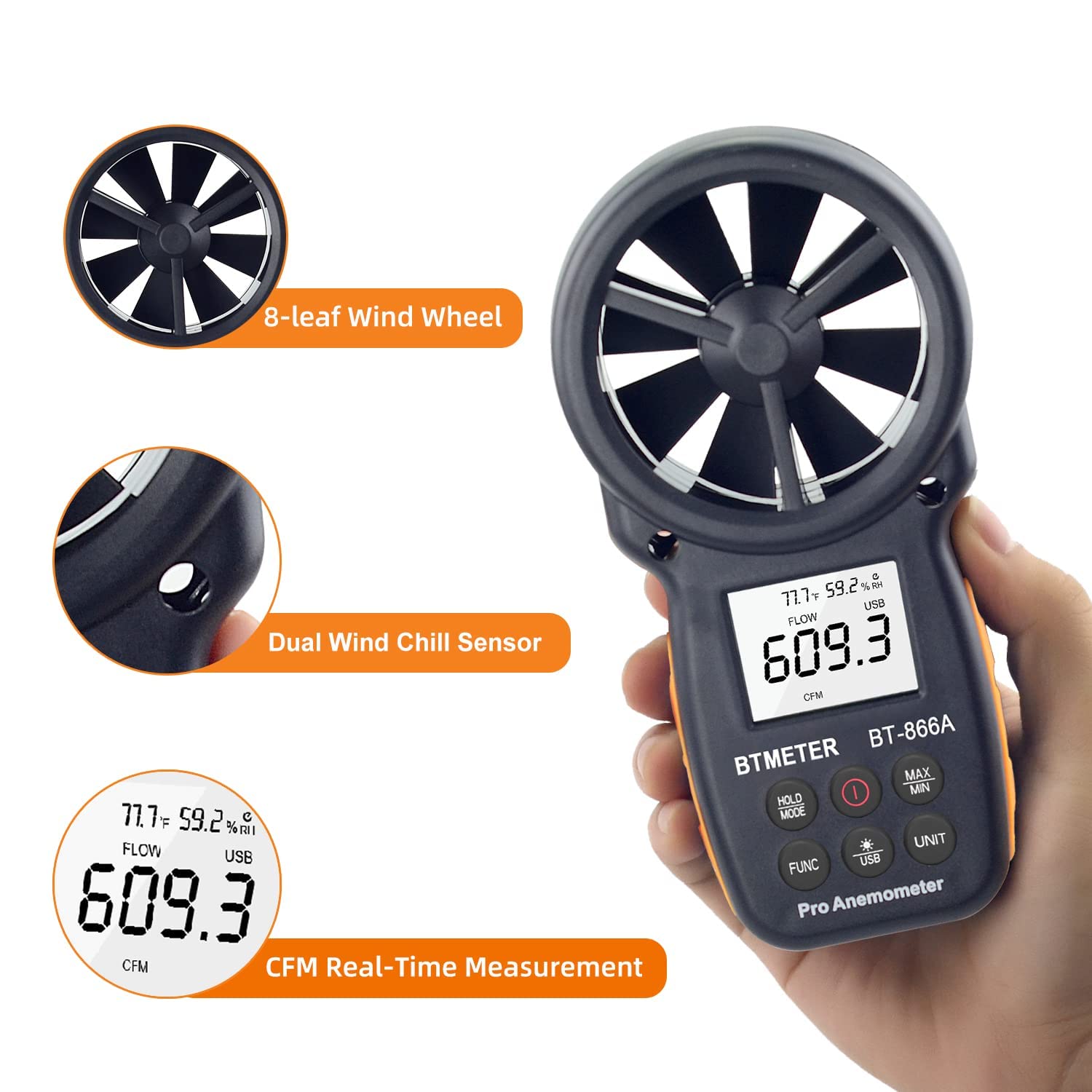 BTMETER 866A Anemometer measuring wind speed outdoors
