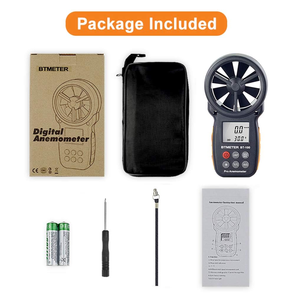 BTMETER BT-100 anemometer packaging with product specifications