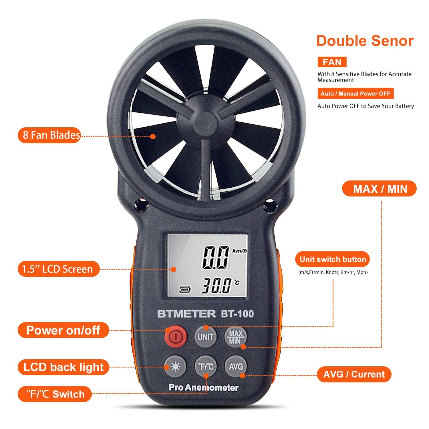 BTMETER BT-100 anemometer side view with temperature reading