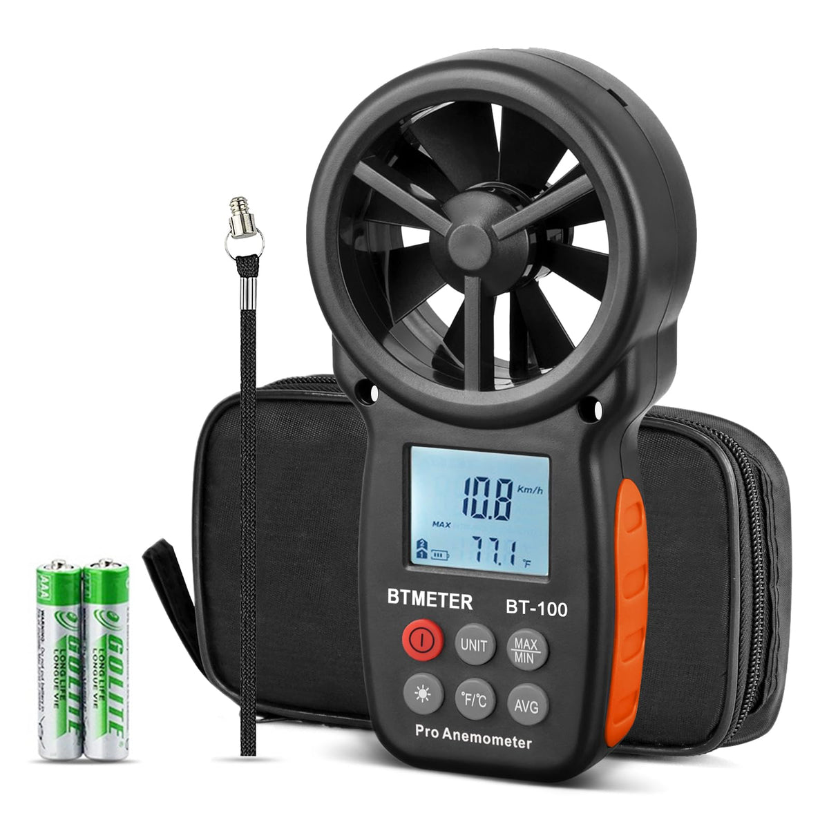 BTMETER BT-100 handheld anemometer front view with backlit display