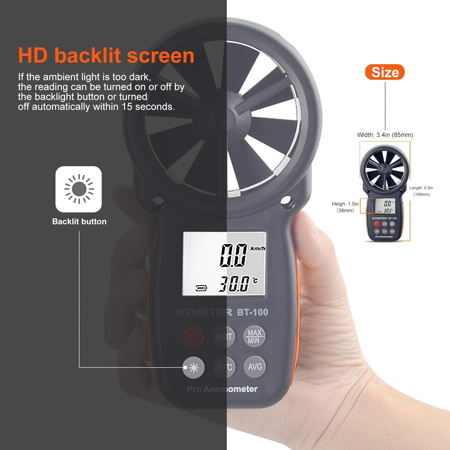 BTMETER BT-100 handheld anemometer with included batteries