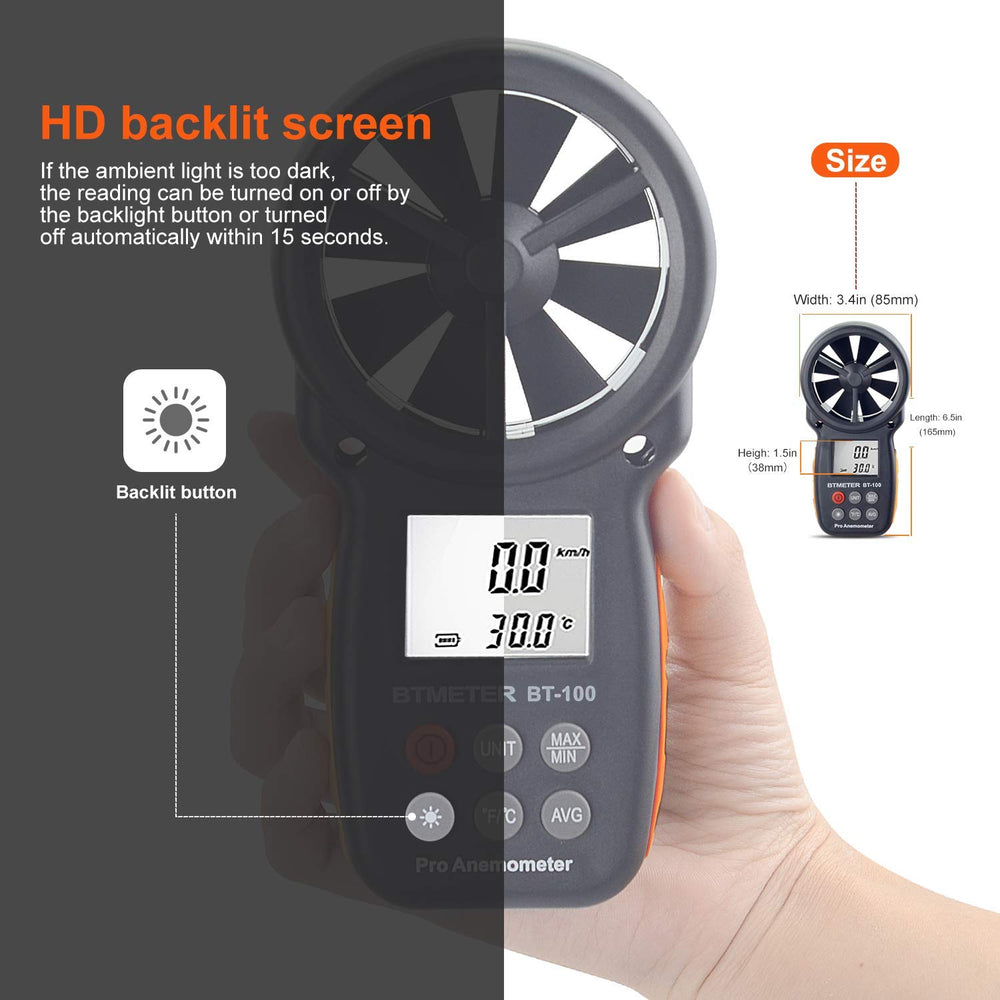 BTMETER BT-100 handheld anemometer with included batteries