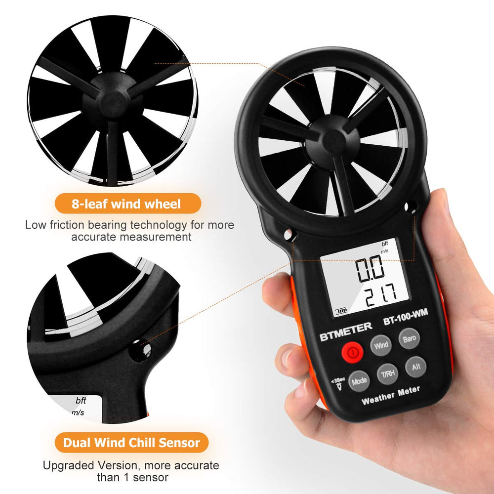 BTMETER BT-100WM Anemometer back view with data logging feature