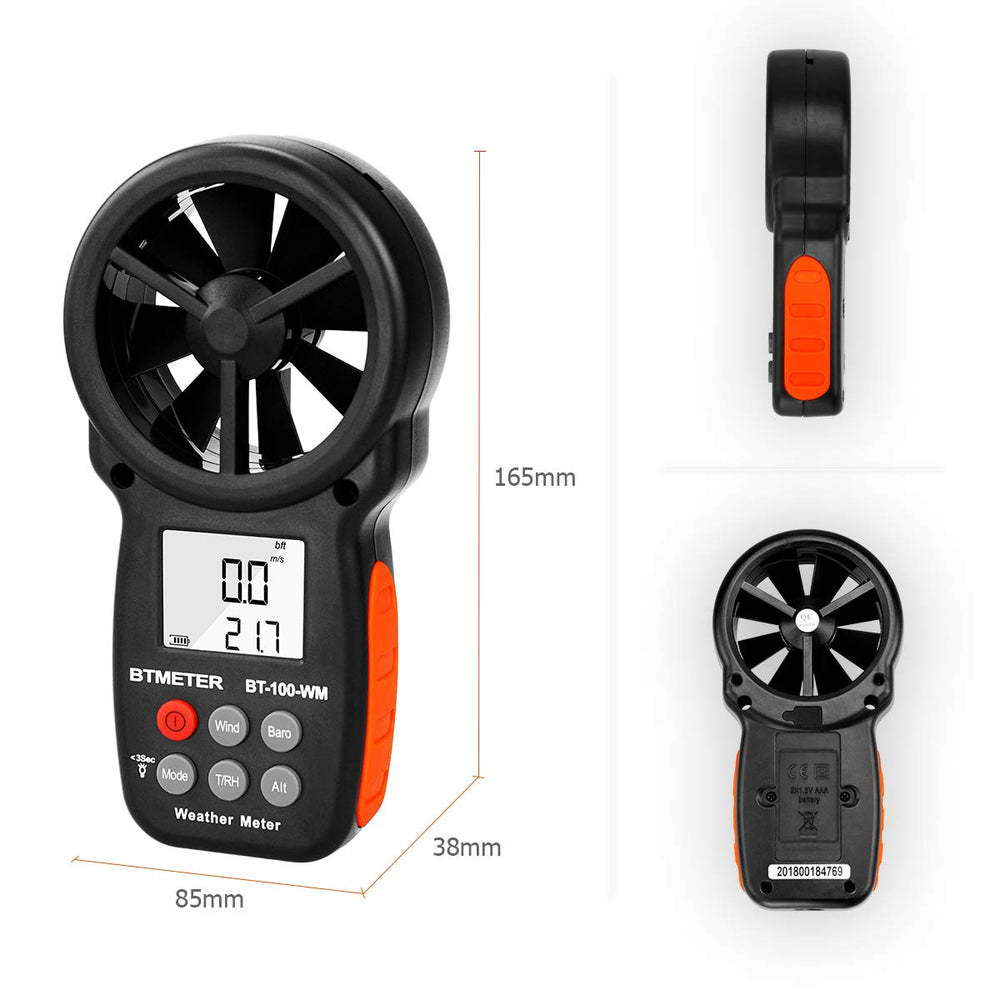 BTMETER BT-100WM Anemometer displaying wind speed measurement