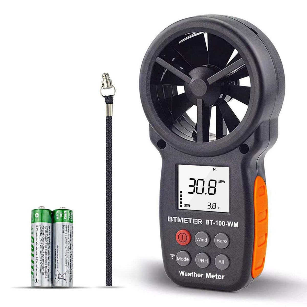 BTMETER BT-100WM Anemometer front view with LCD screen