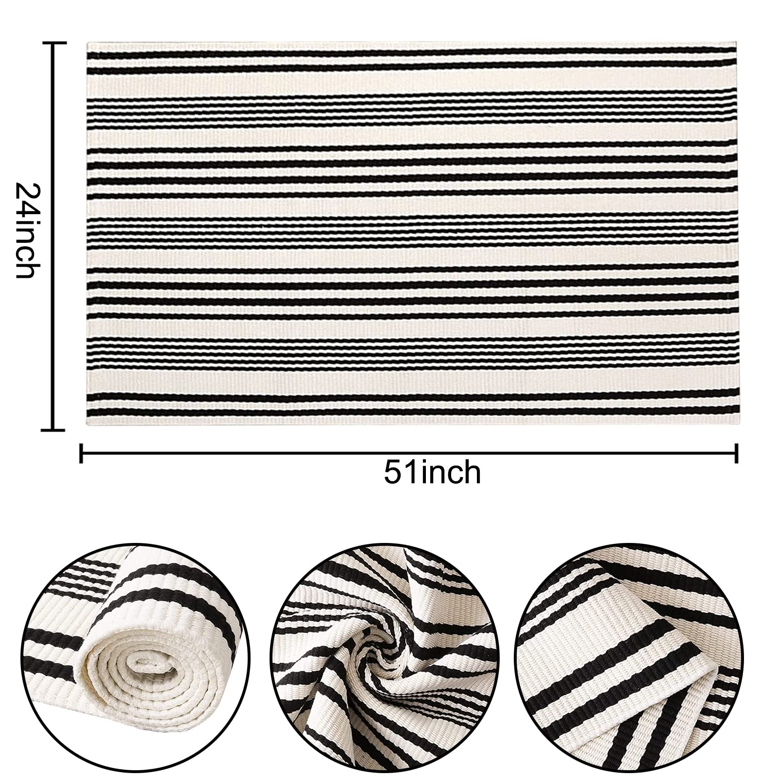 BUAGETUP Black and White Striped Outdoor Rug side view