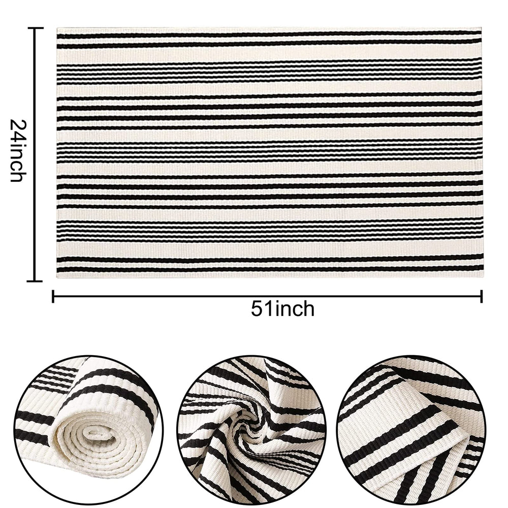 BUAGETUP Black and White Striped Outdoor Rug side view