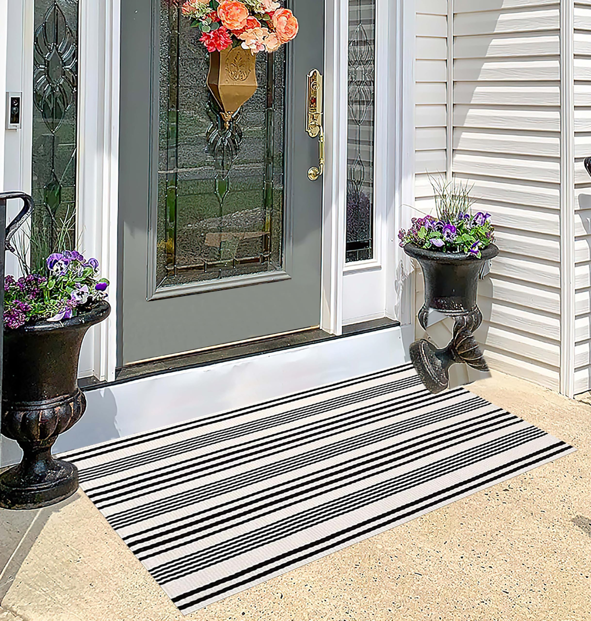BUAGETUP Black and White Striped Outdoor Rug with welcome mat