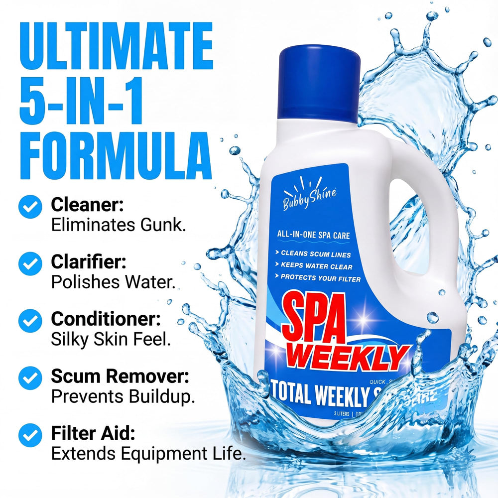 BubbyShine 3L jug with label showing hot tub chemical features