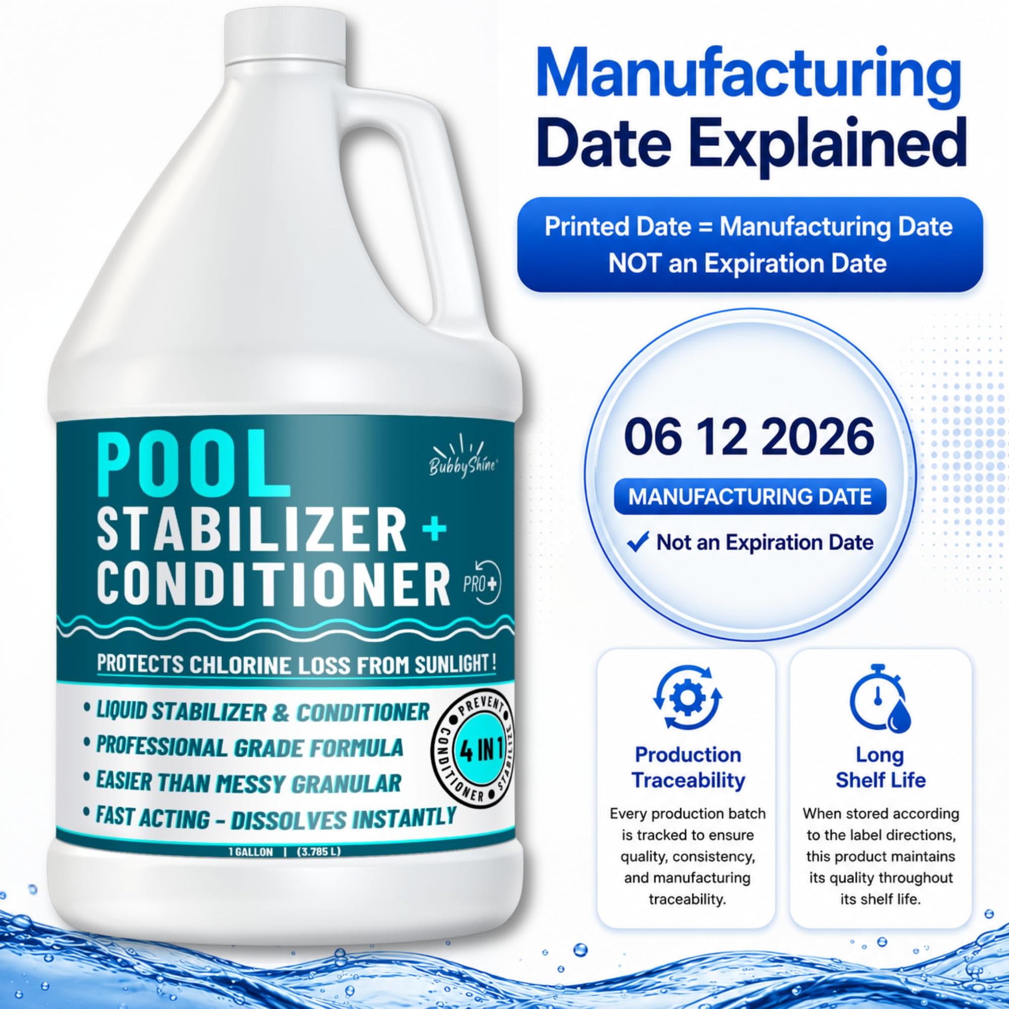 BubbyShine Pool Stabilizer 1 Gallon on a patio