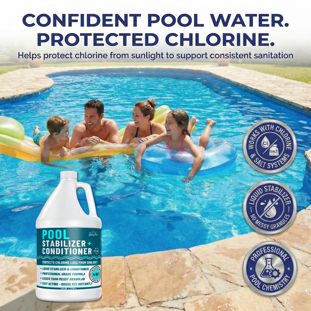 BubbyShine Pool Stabilizer being used in a swimming pool