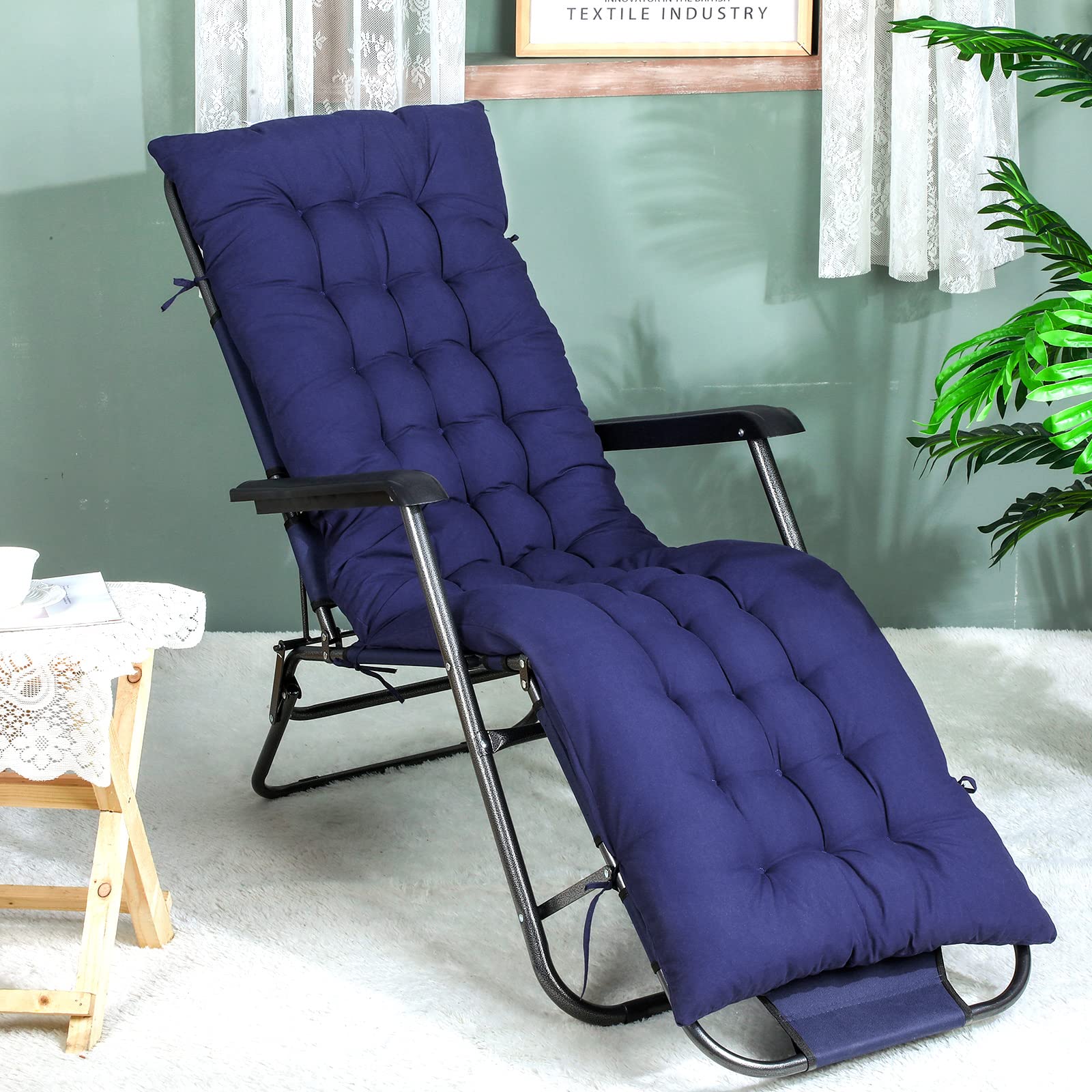 Bucherry Chaise Lounge Cushions in navy blue on garden seat