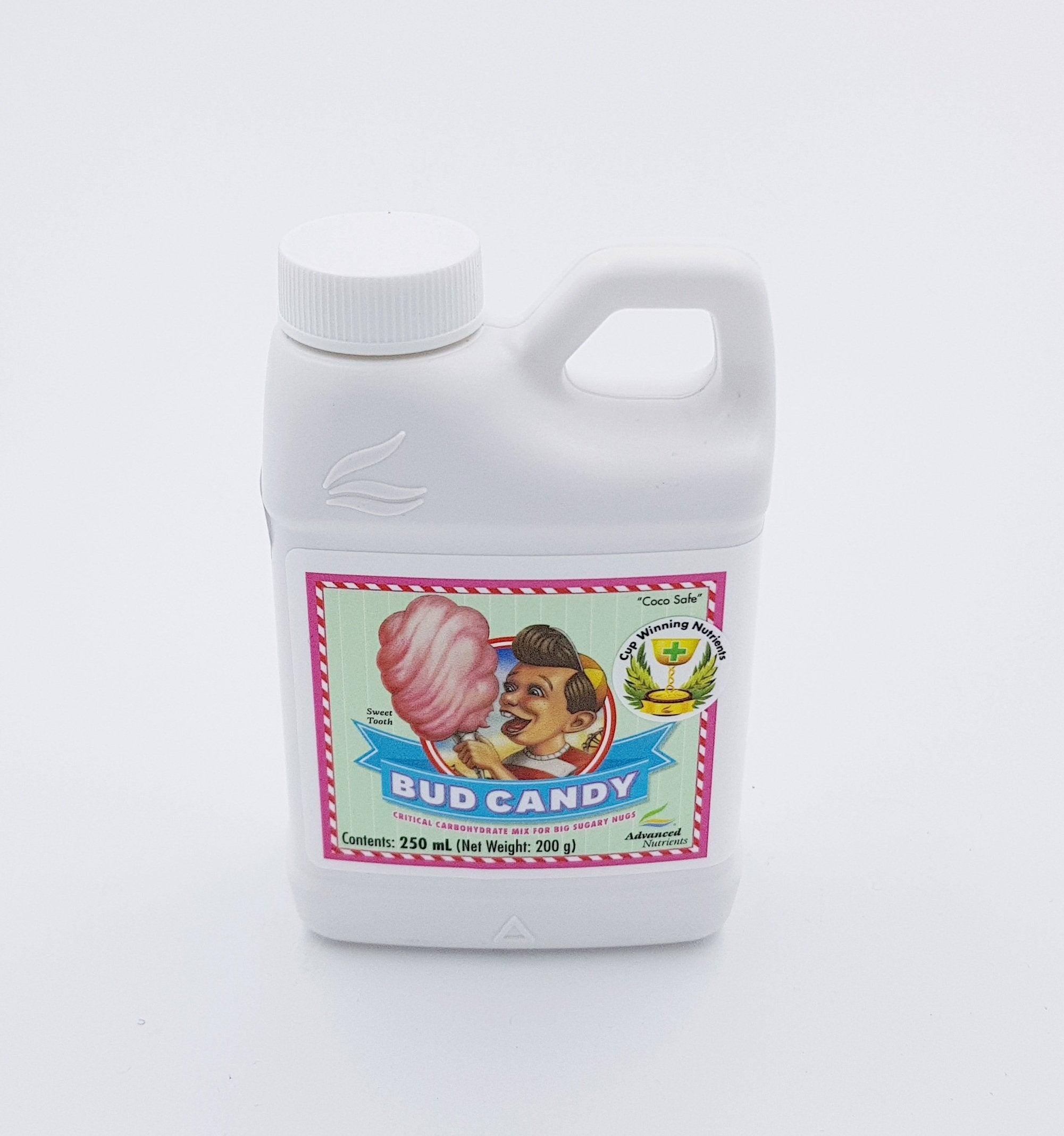 Bud Candy 250mL bottle with cap on a wooden surface