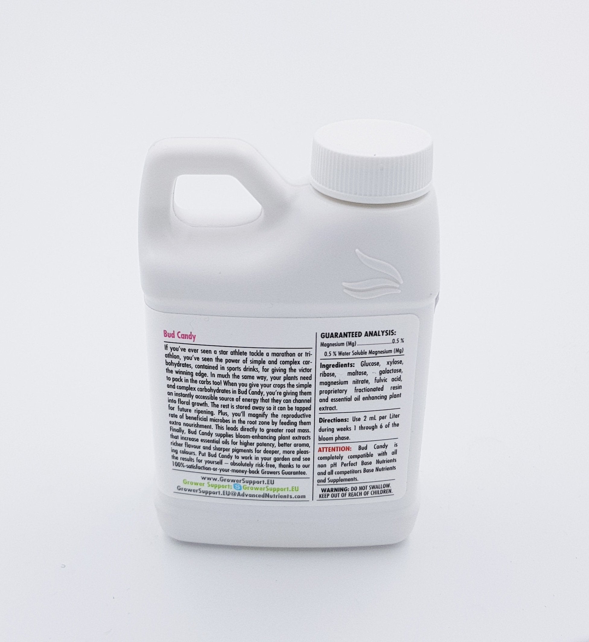 Bud Candy 250mL liquid supplement side view with label