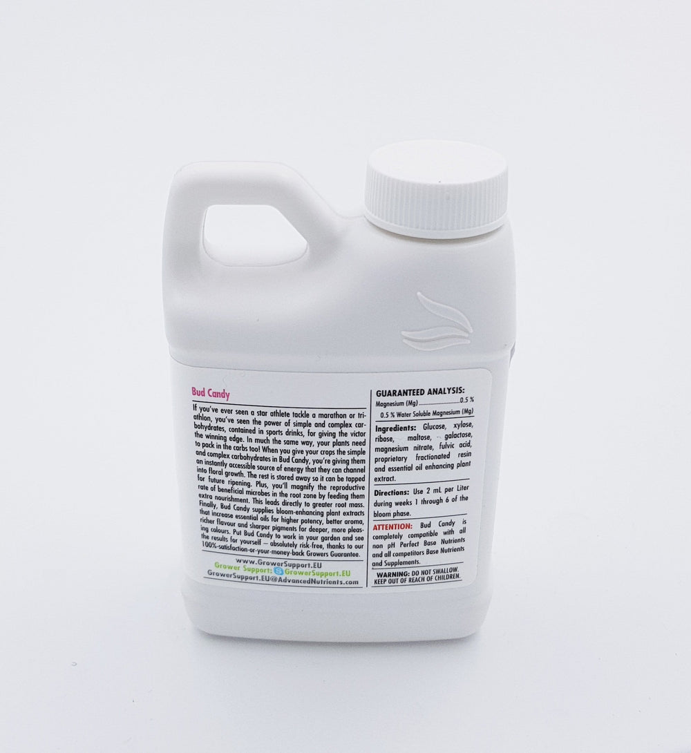 Bud Candy 250mL liquid supplement side view with label