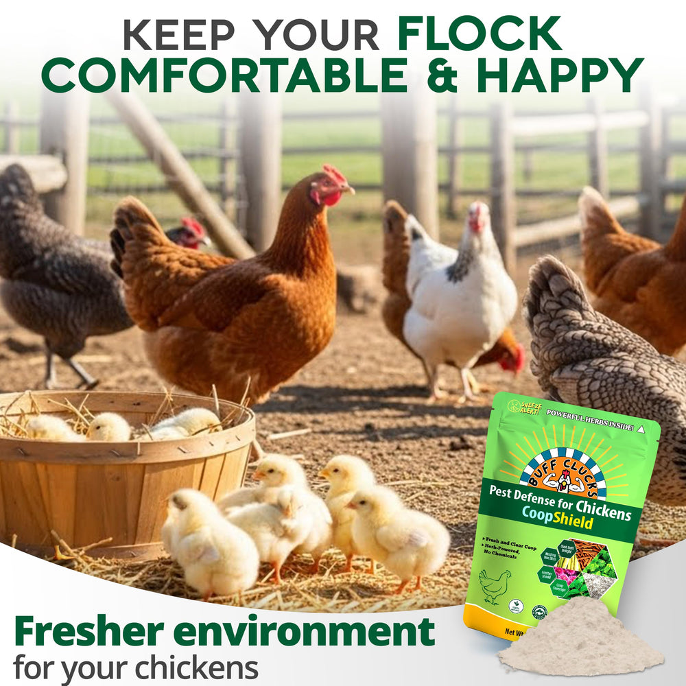 Buff Clucks Dust Bath packaging with dimensions