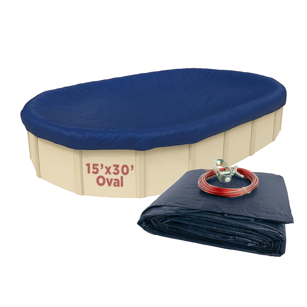 Buffalo Blizzard Deluxe 15 ft x 30 ft Oval Winter Pool Cover, Blue/Black front view