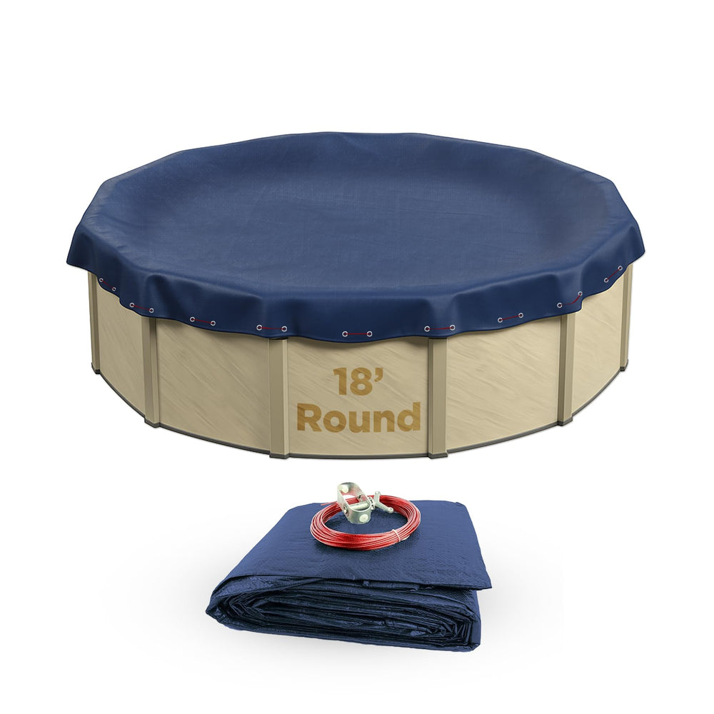Buffalo Blizzard Deluxe Plus 18 ft round winter pool cover in blue and black