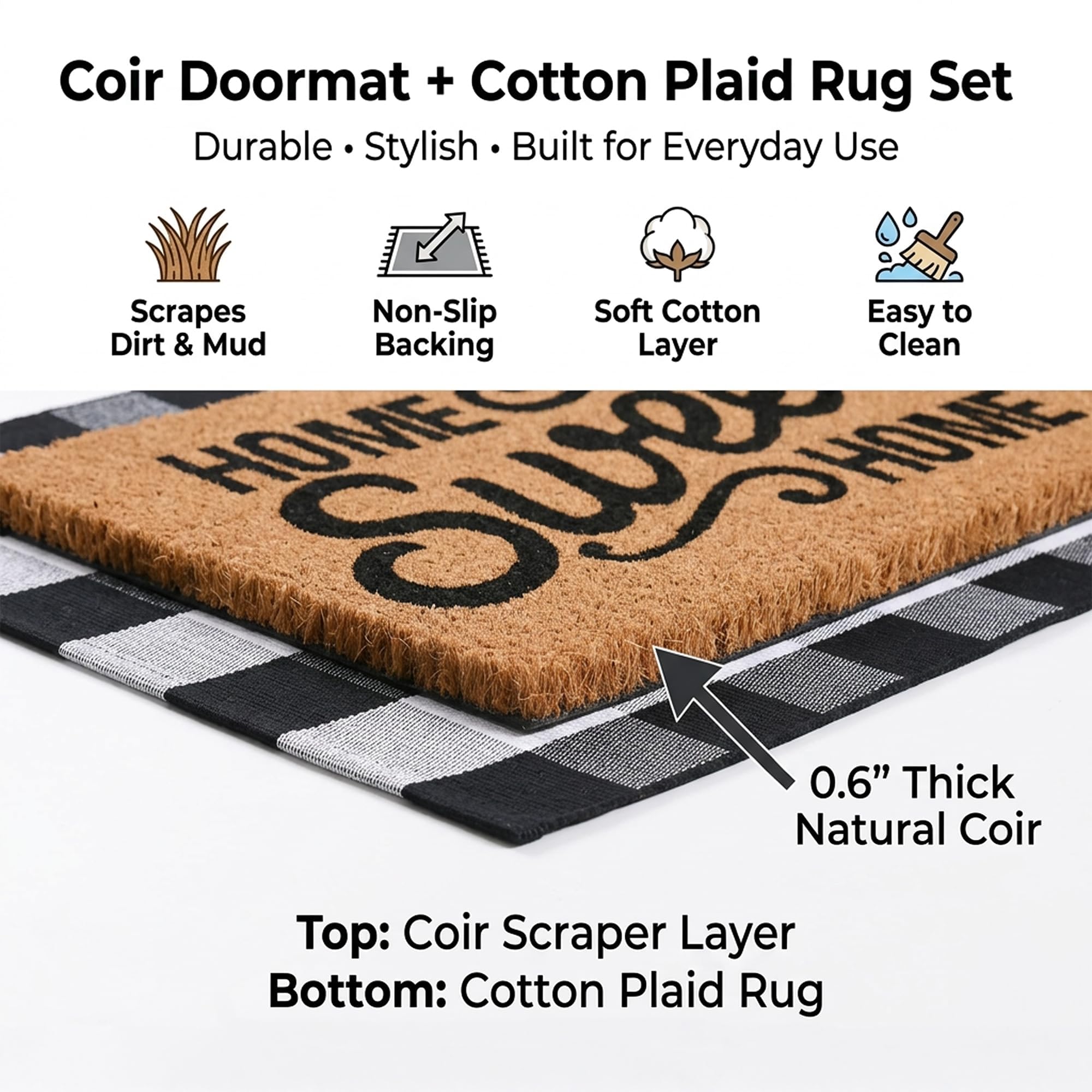 Buffalo plaid rug in black and white, part of the doormat set