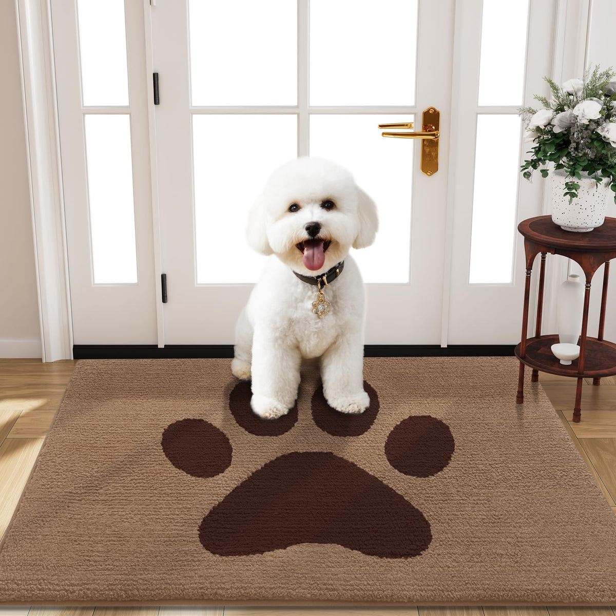 Buganda Dog Door Mat beige front view with soft microfiber surface