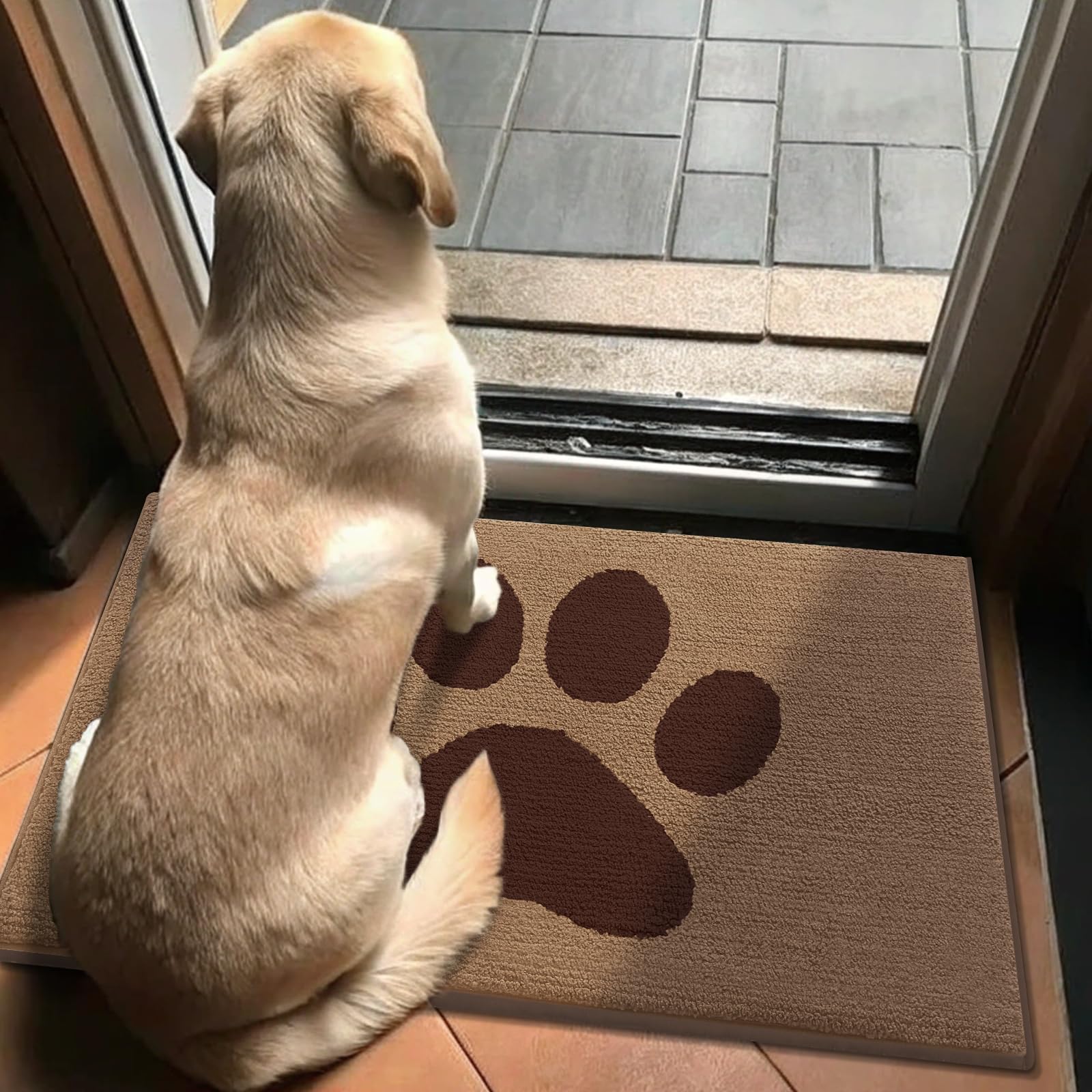 Buganda Dog Door Mat in outdoor setting with pet
