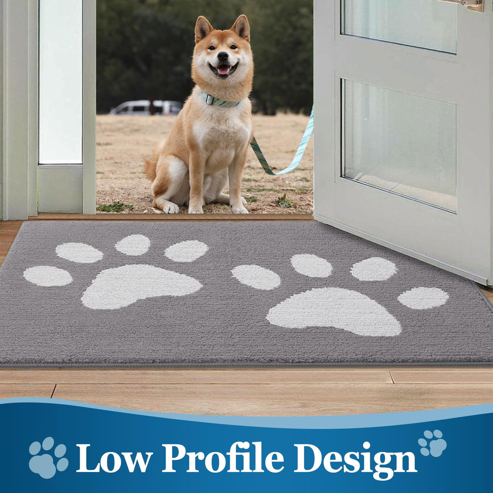 Buganda Dog Door Mat in use under dog food bowl