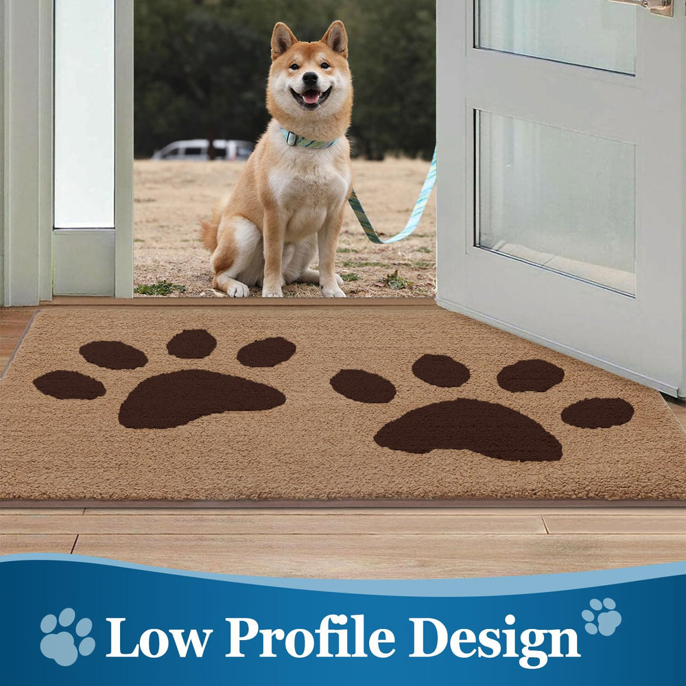 Buganda Dog Door Mat next to dog food bowls