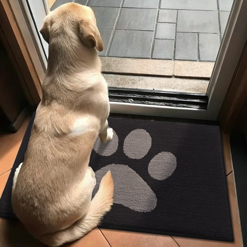 Buganda Dog Door Mat placed under pet bowls