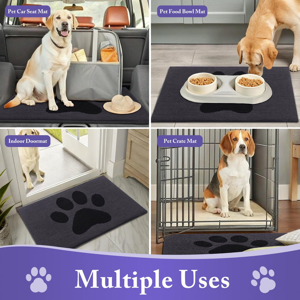 Buganda Dog Door Mat placed under pet food bowls