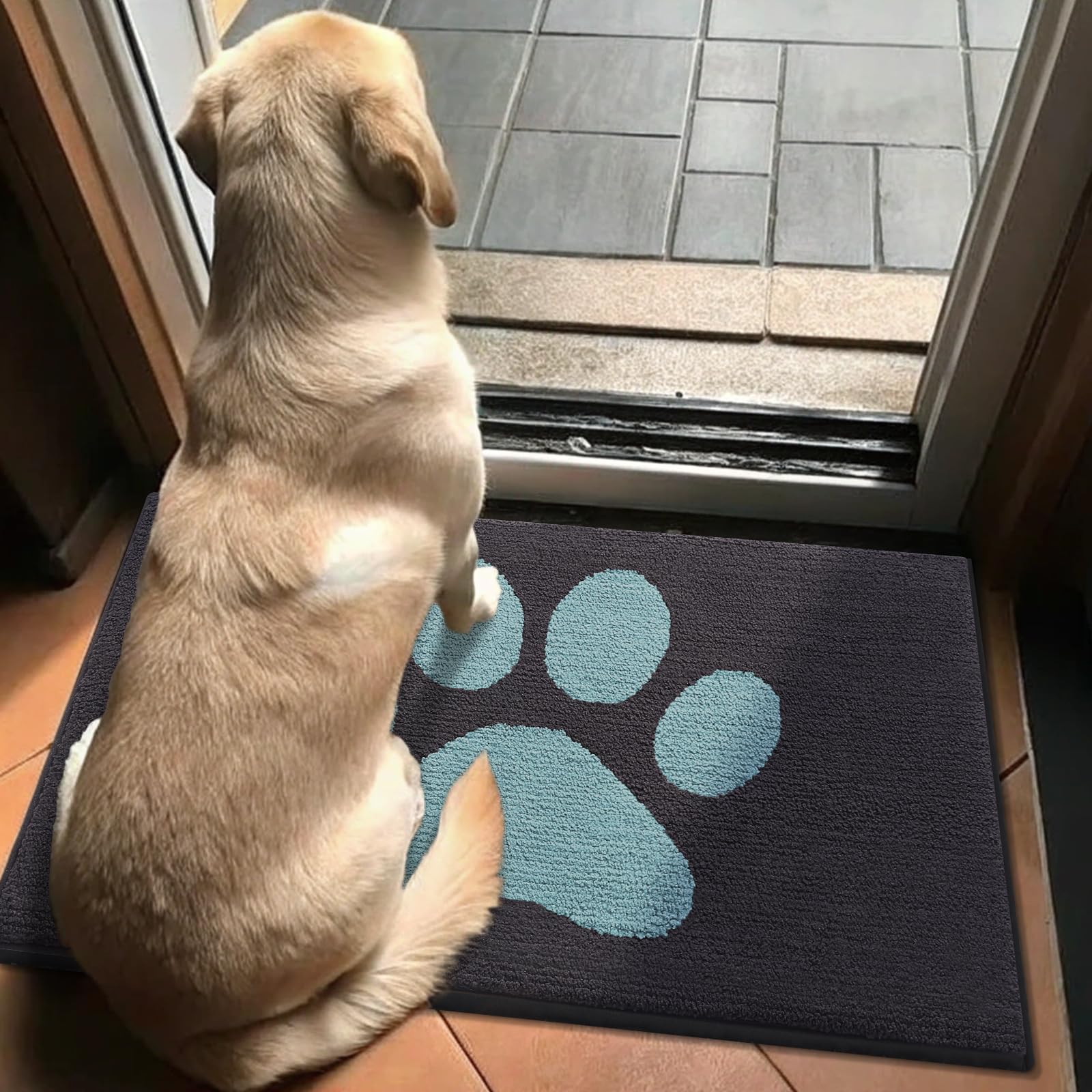 Buganda Dog Door Mat under food and water bowls