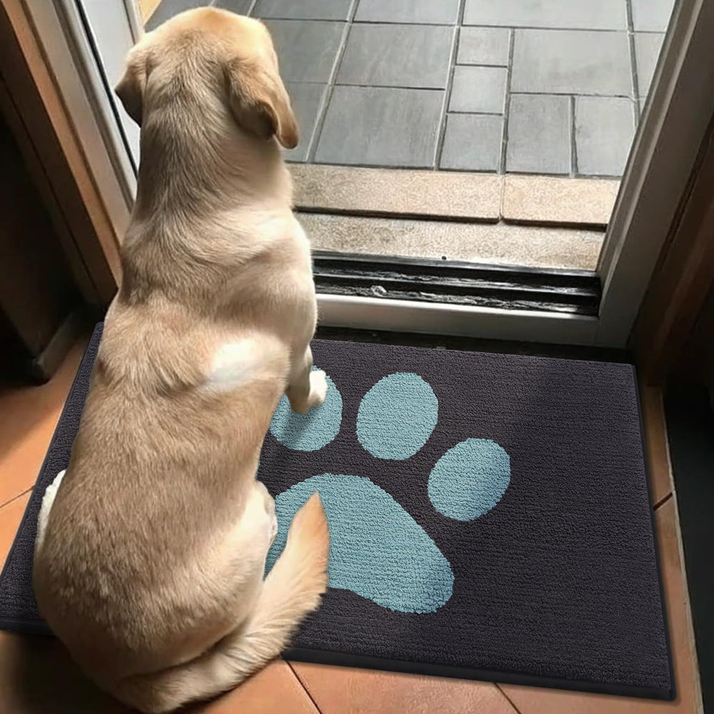 Buganda Dog Door Mat under food and water bowls