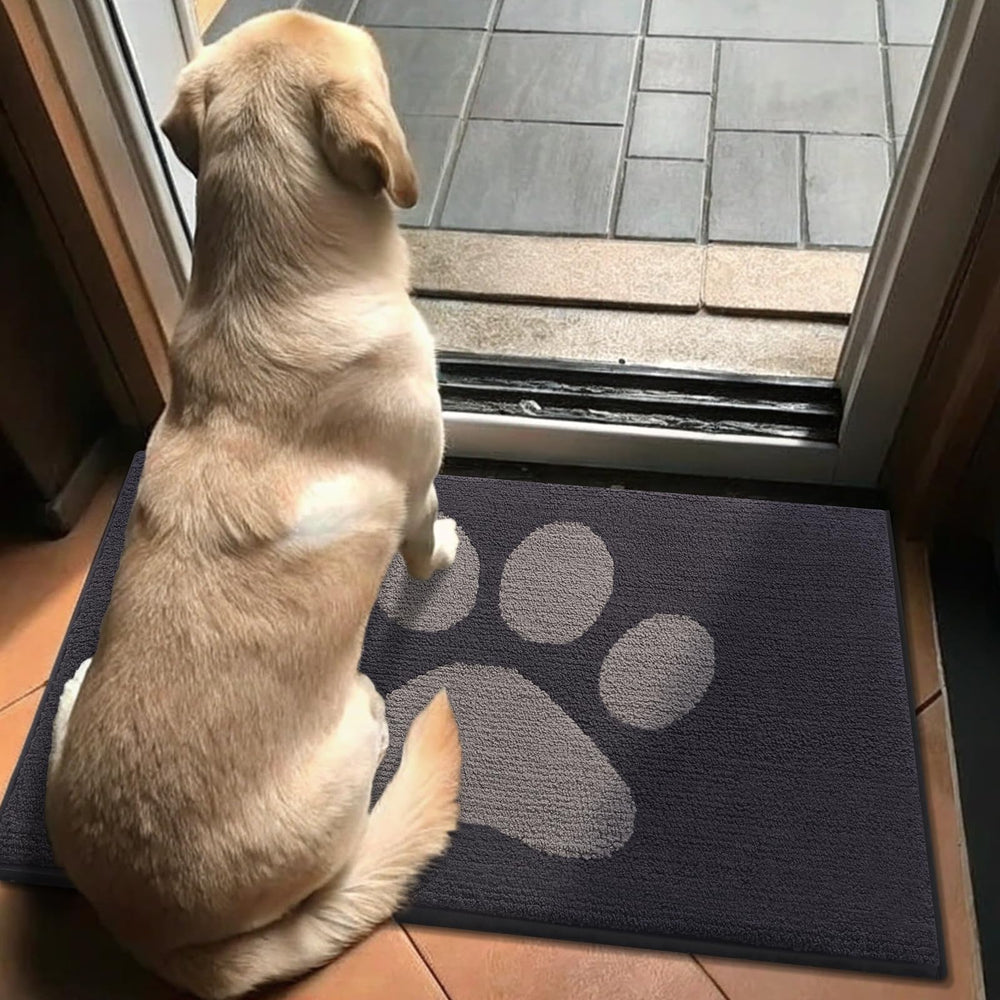 Buganda Dog Door Mat under food bowl in kitchen