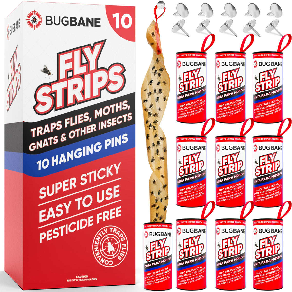 BugBane Fly Strips 10pk red sticky traps front view