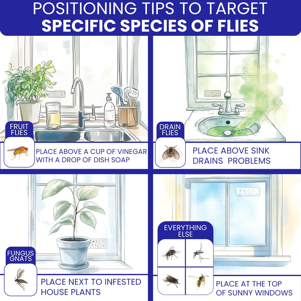 BugBane fly traps displayed on a kitchen window