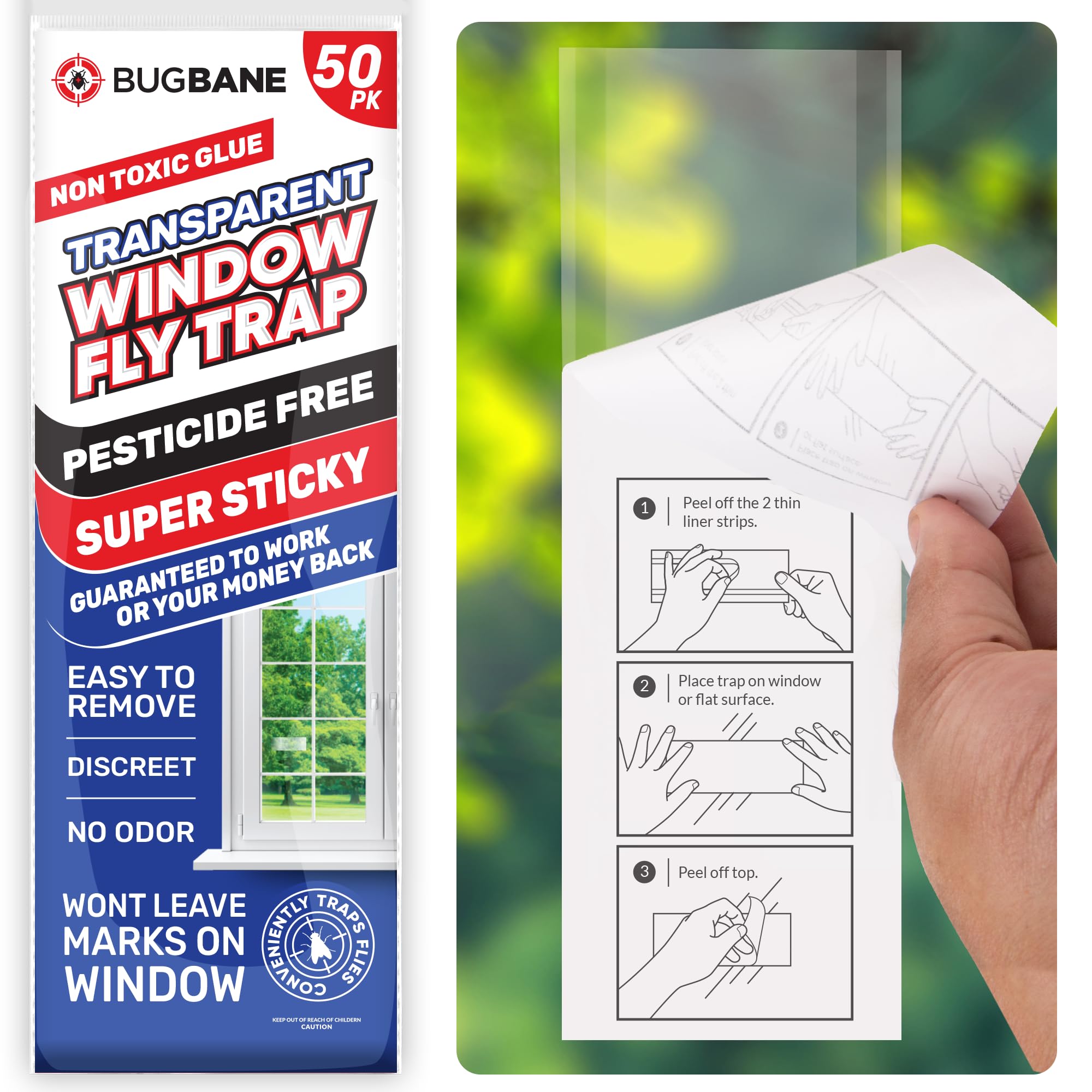 BugBane Window Fly Trap 50 Pack transparent sticky strips front view