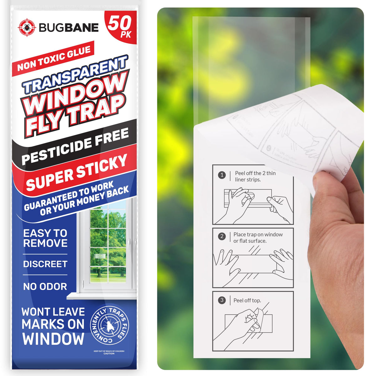 BugBane Window Fly Trap 50 Pack transparent sticky strips front view