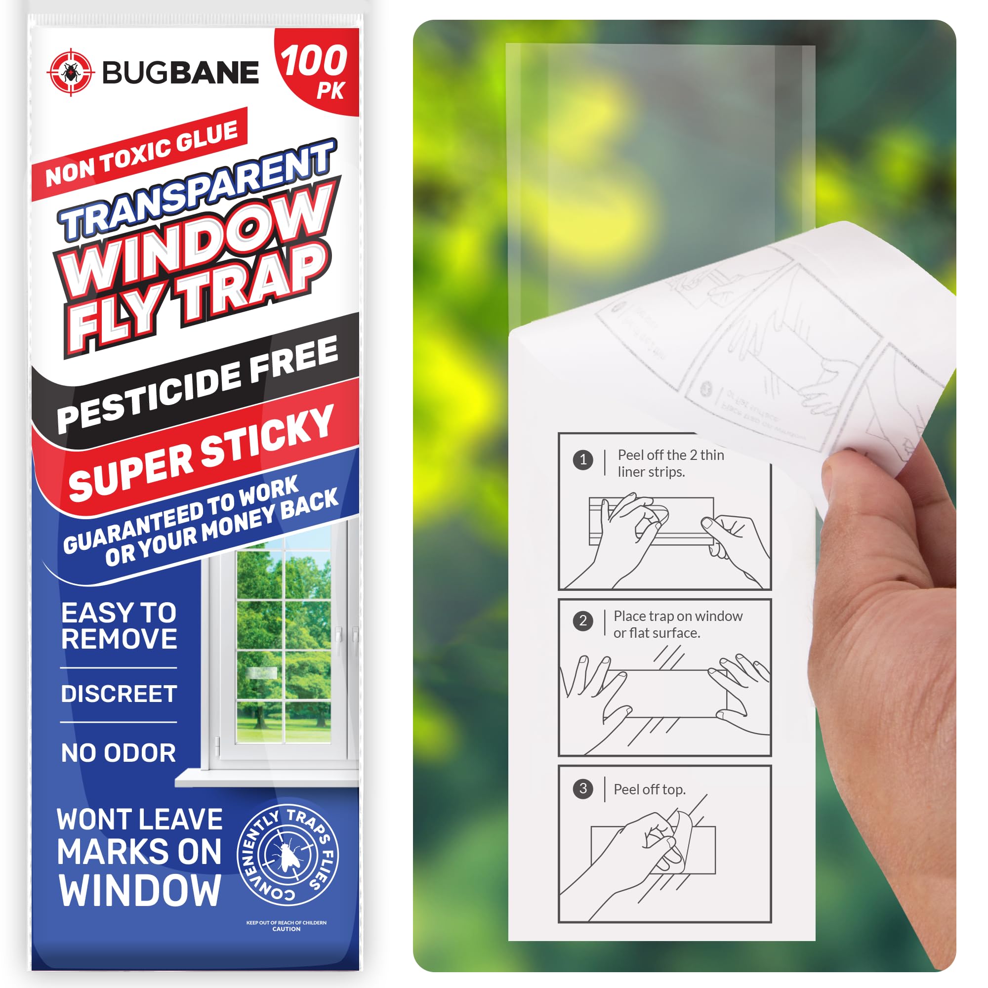 BugBane Window Fly Traps 100-Pack transparent sticky strips front view
