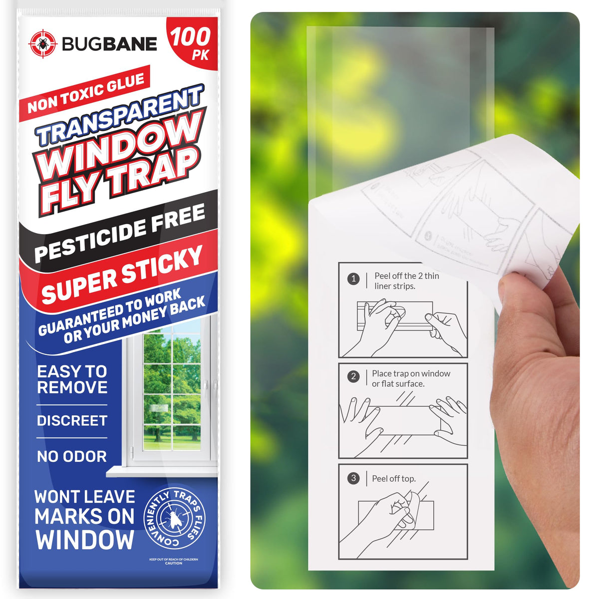 BugBane Window Fly Traps 100-Pack transparent sticky strips front view