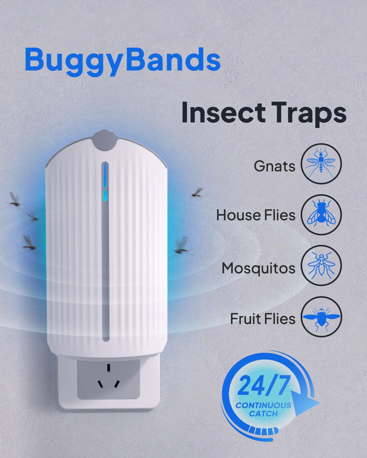 BuggyBands Plug-in Trap side view with 8 refill cartridges