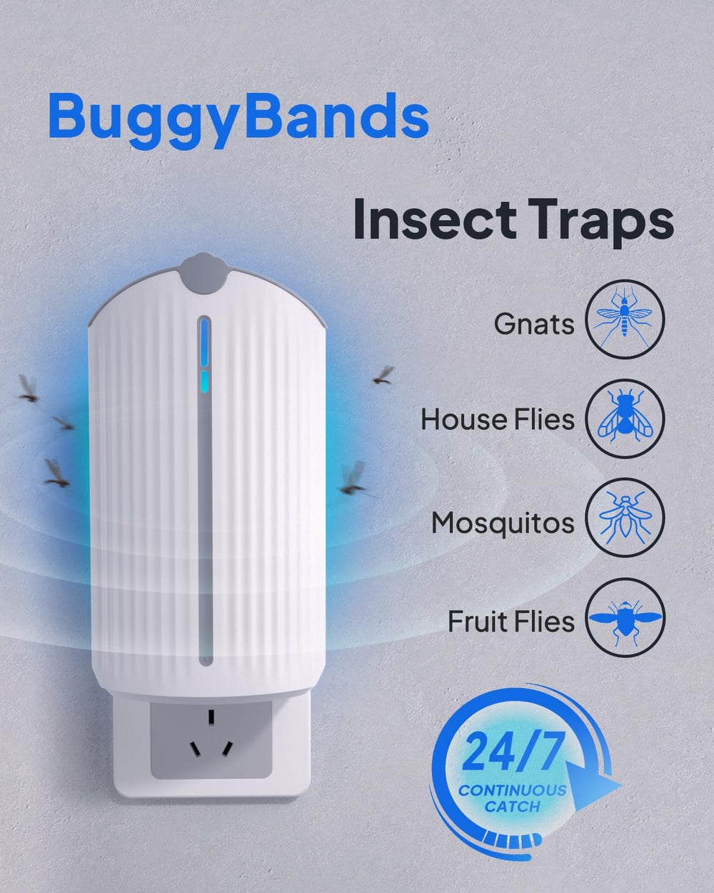 BuggyBands Plug-in Trap side view with 8 refill cartridges