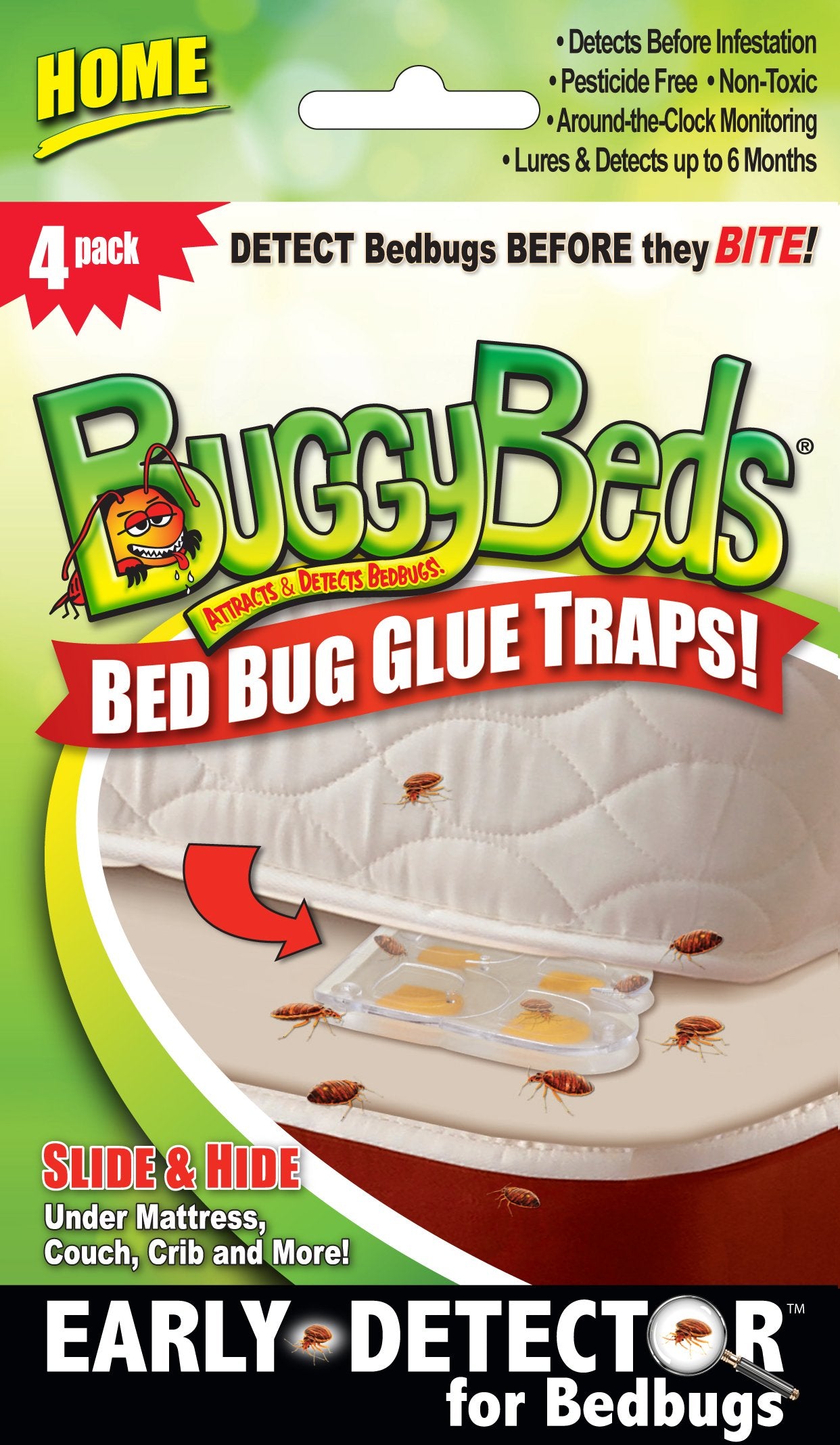 BuggyBeds Bed Bug Glue Traps 4 pack, small 2" x 3" size