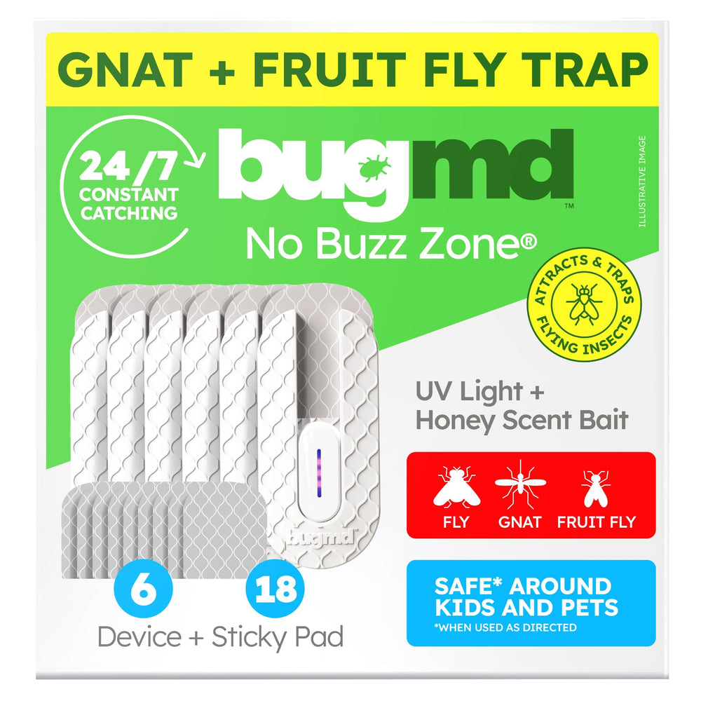 BugMD No Buzz Zone Fruit Fly Trap front view with blue UV light