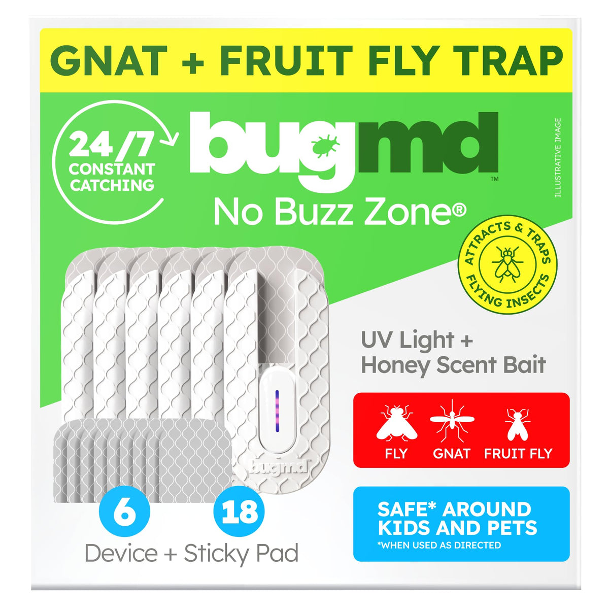 BugMD No Buzz Zone Fruit Fly Trap front view with blue UV light